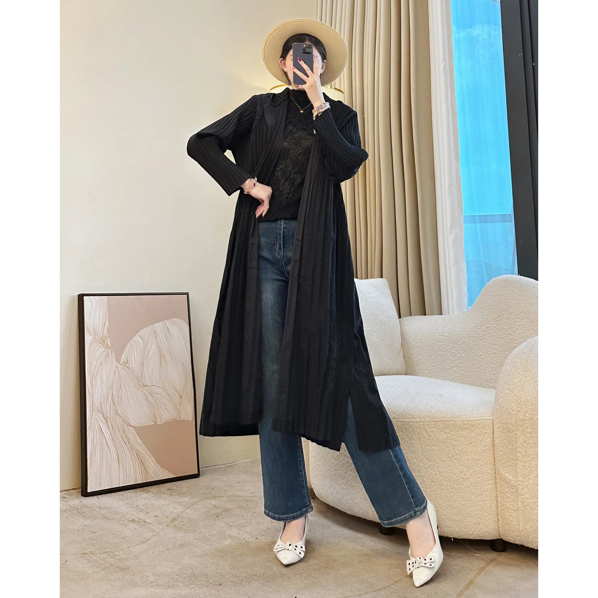 2025 Black Medium and Long Trench Coat for Women's Niche Simple High-end Women's Clothing Khaki Zipper Jacket for Women