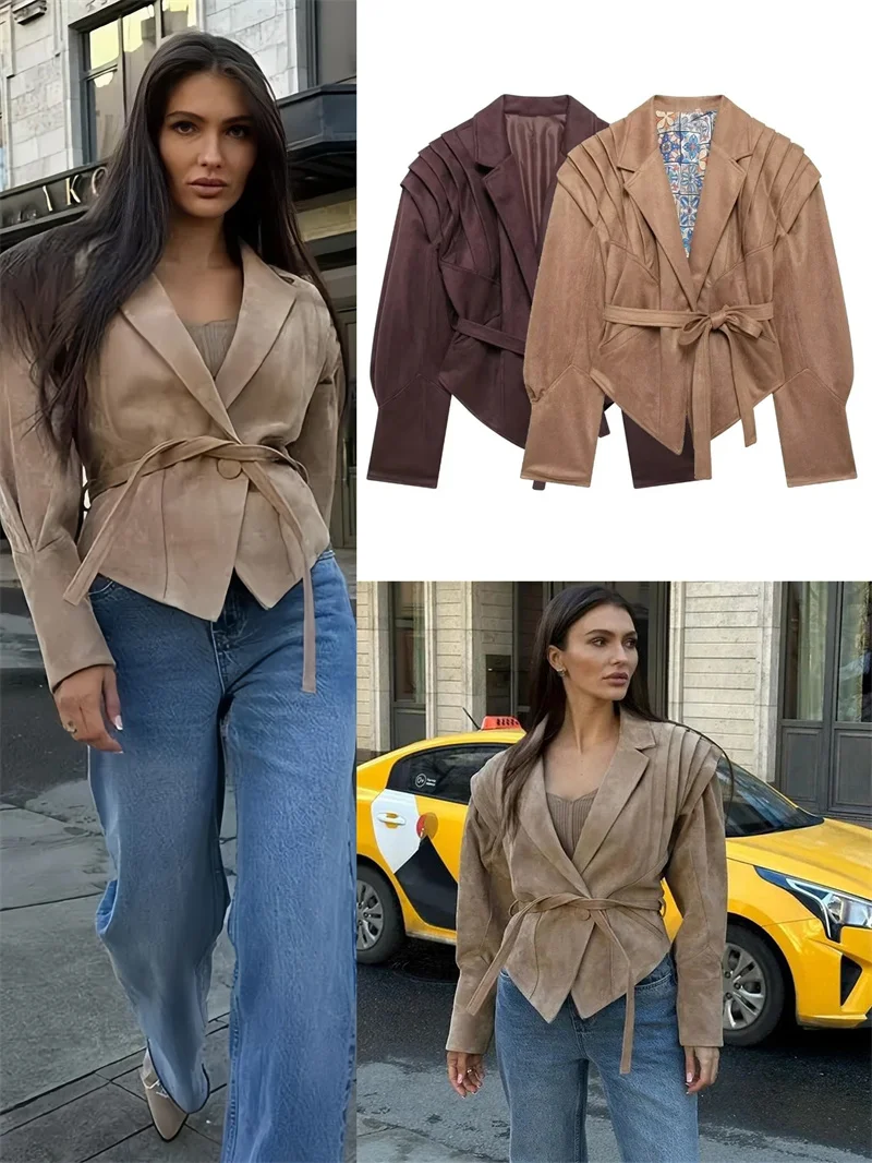 

Женская замшевая повседневная верхняя одежда Faion Jaet с v-образным вырезом и пуговицами на талии для женской офисной одежды