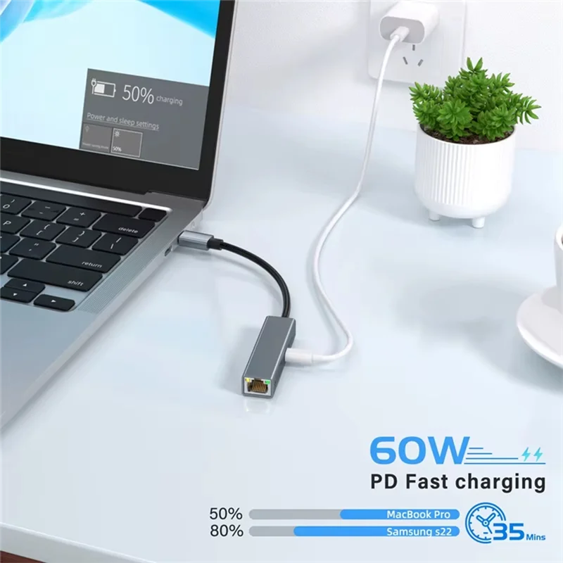 A08E-2 In 1 USB C Network Card With PD 60W Fast Charging Port 1000Mbps Type C To Ethernet RJ45 Lan Gigabit Adapter For PC