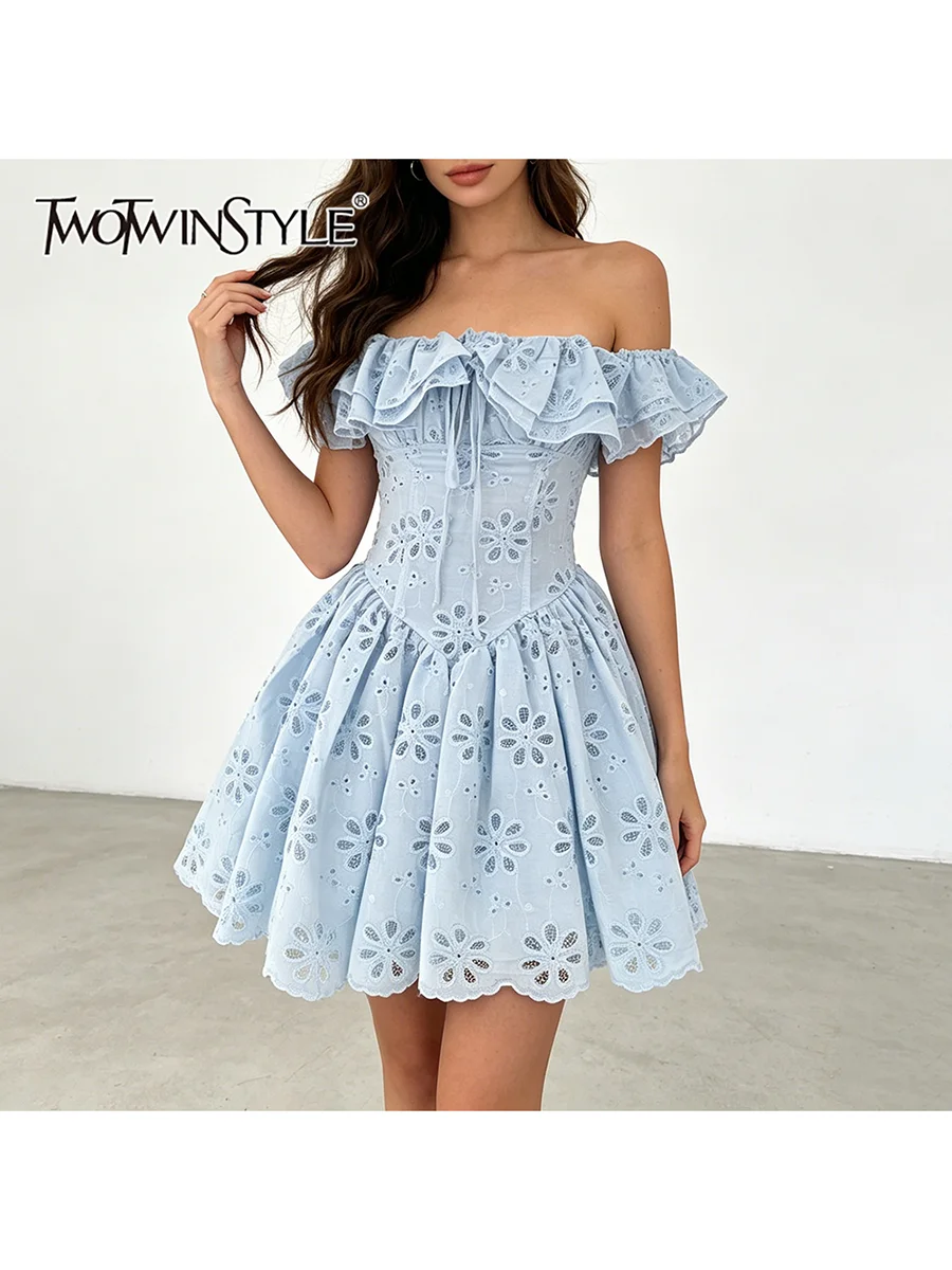TWOTWINSTYLE Embroidery Solid Sweet Dresses for Women Square Flying Sleeve High Waist Slimming A Line Mini Dress Female Fashion