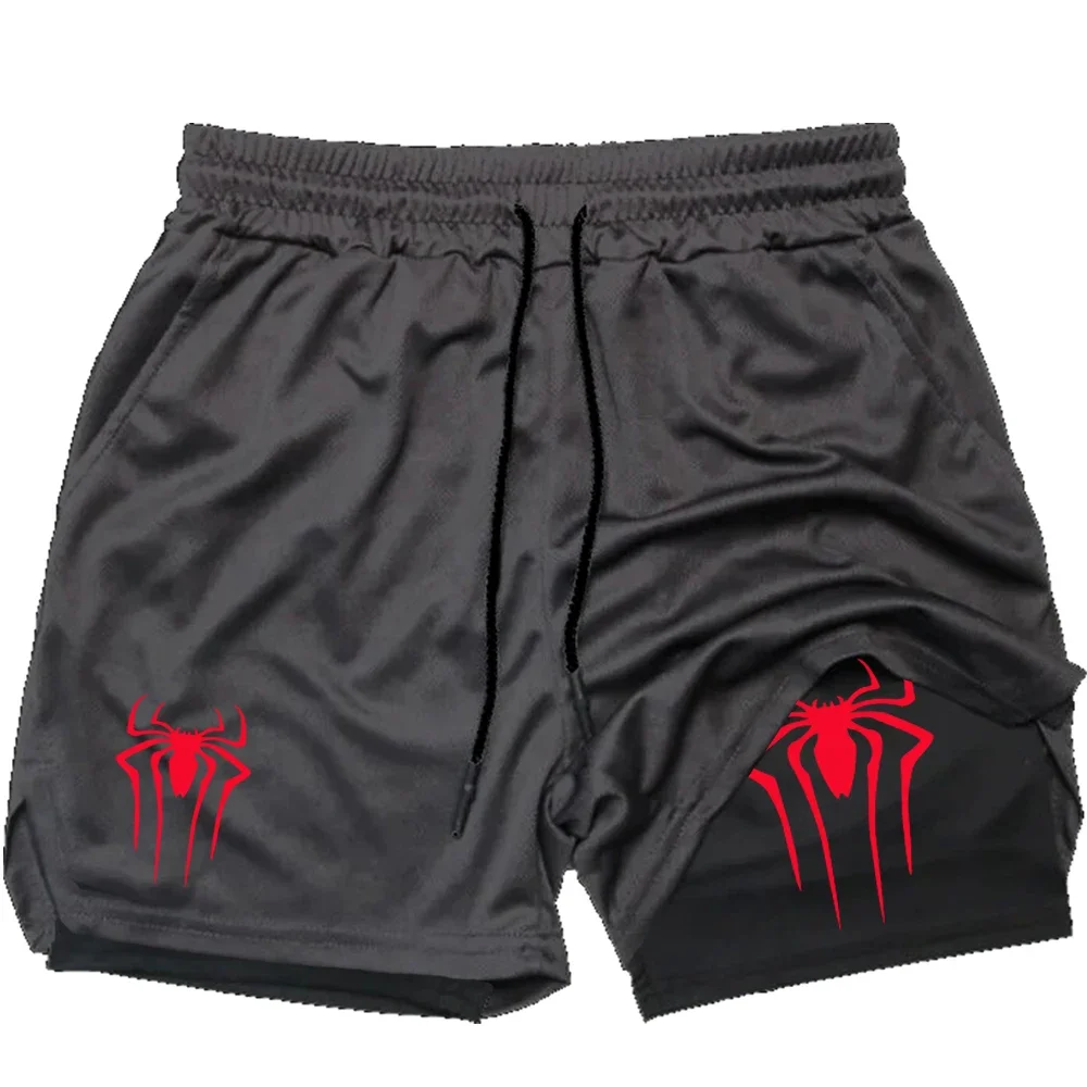 Y2K Performance Shorts Men Spider Printed GYM Casual Sports Compression Shorts Workout Running Mesh 2 In 1 Sport Short Pants