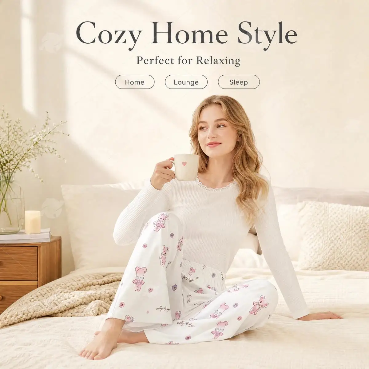 Women IG Star Print Wide‑Leg Lounge Pants Lightweight Spring Summer Sleep Pajama Pants Anti‑Mosquito Casual Walking‑About Home T