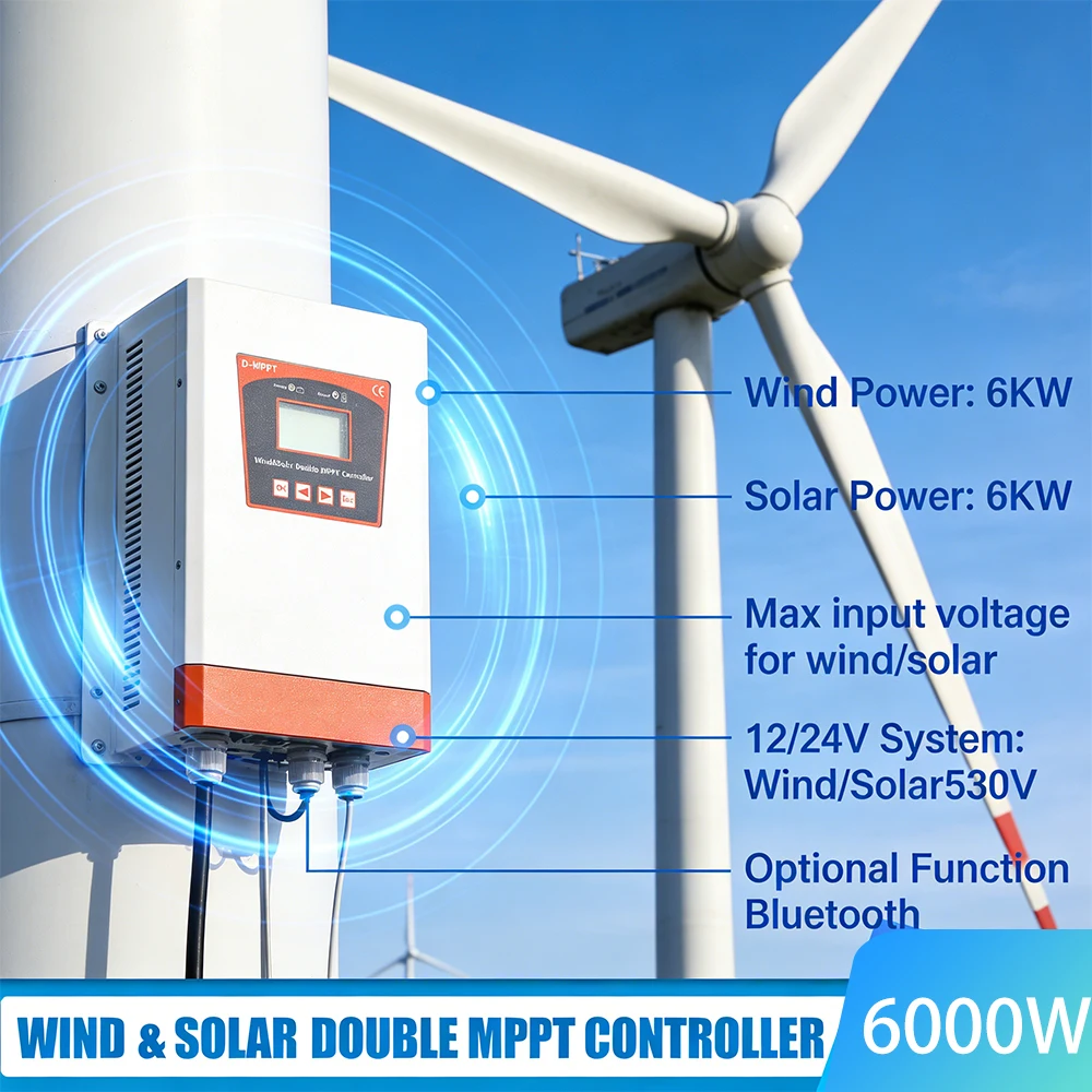 6KW MPPT Wind Energy Hybrid System Charging Solar Controller 12V 24V and 24V 48V Automatic Adjustment Household Wind Power