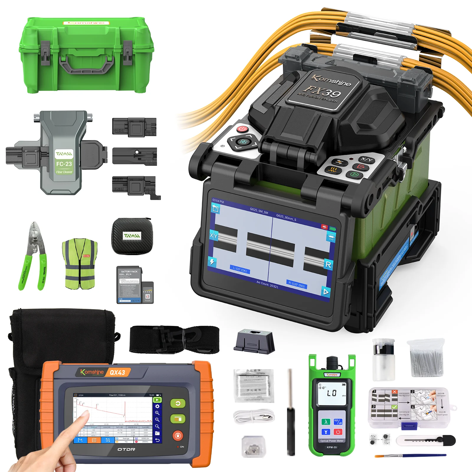 

Komshine FX39 Low Loss Fusion Splicer / QX43 1310/1550nm 26/24dB OTDR 4-IN-1 OTDR Tester Built in OPM/VFL/OLS/RJ45 Function