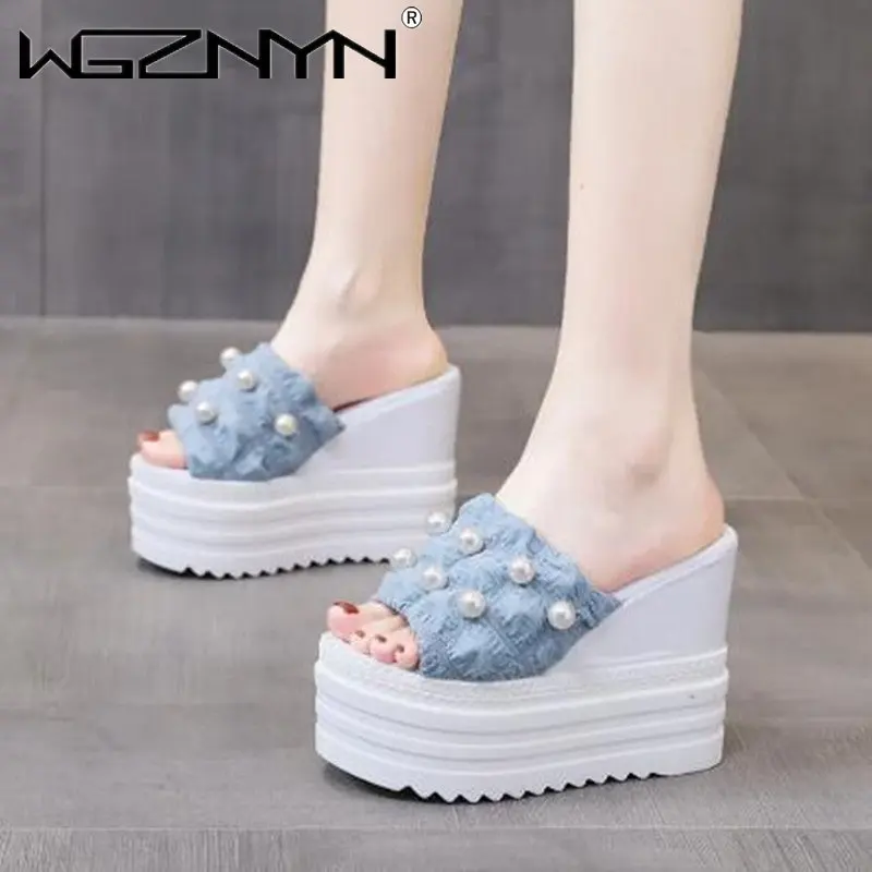 Shoes Woman\'s Slippers Luxury Slides Platform on A Wedge String Bead Heeled Mules 2023 Summer Designer High Rome Fashion Sandals