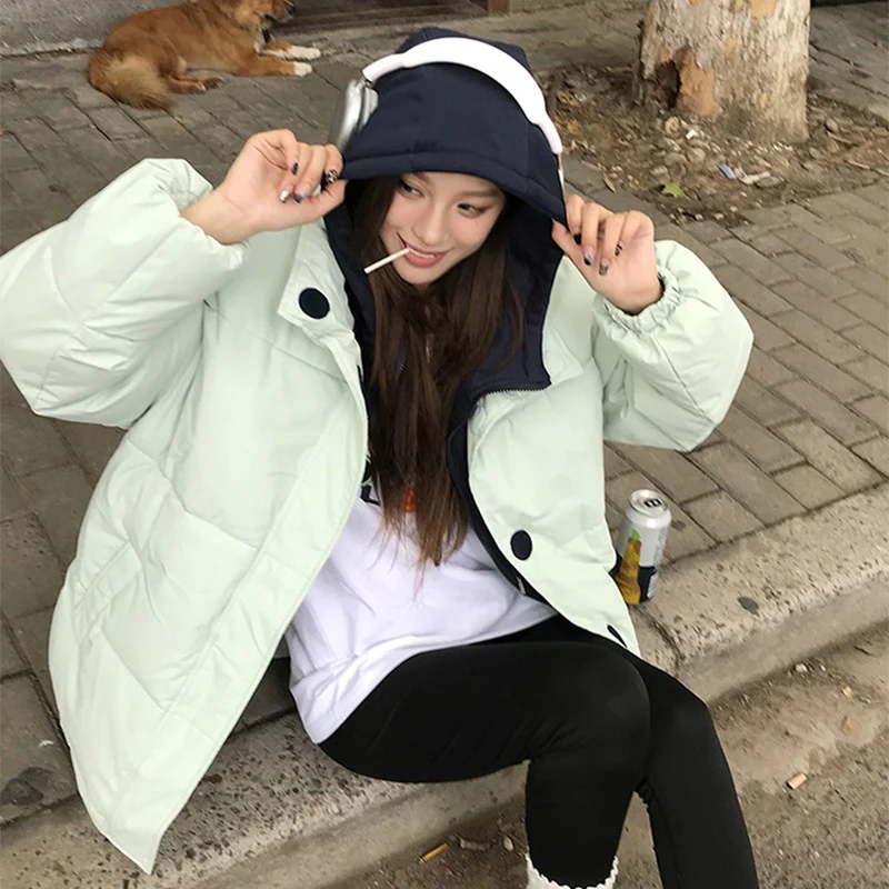 

Winter Windproof Warm Parkas for Women Chic Faux Two Pieces Hooded Cotton Jackets Woman Korean Mix Color Parka Jacket Mujer
