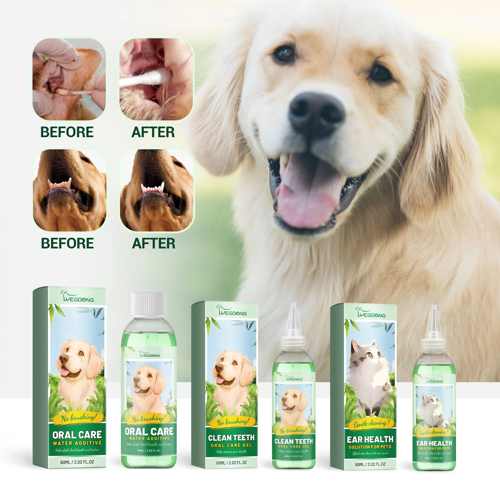

3-Piece Pet Grooming Kit - Natural Mint Dental Water & Ear Care Solution - 60ml Herbal Extracts, Anti-Plaque, Odor Eliminating