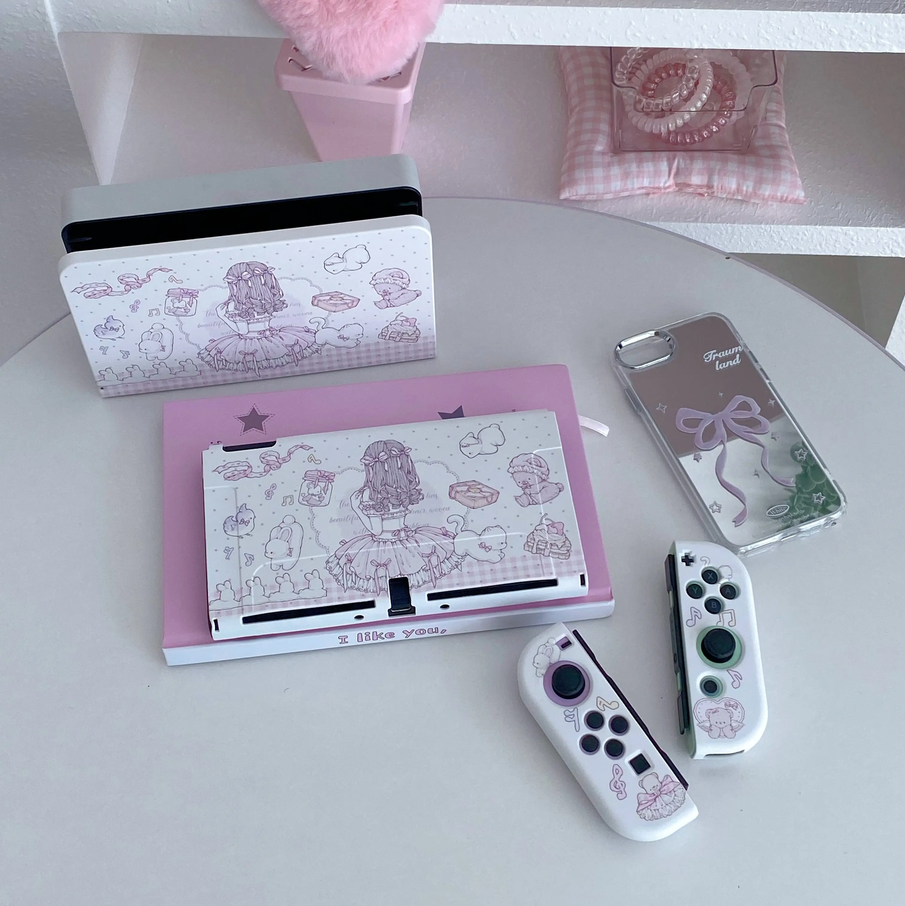 حافظة لجهاز نينتندو سويتش Oled Funda غطاء حماية قابل للإرساء Kawaii Anime Girl مع ملحقات Switch من مادة البولي يوريثان JoyCon