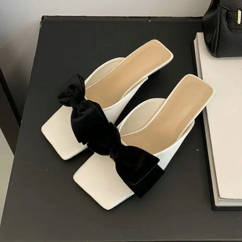 

Women's Summer New Slippers Fashion Square Head Peep Toe High Heel Shoes Elegant Exquisite Butterfly-knot Decoration Sandals