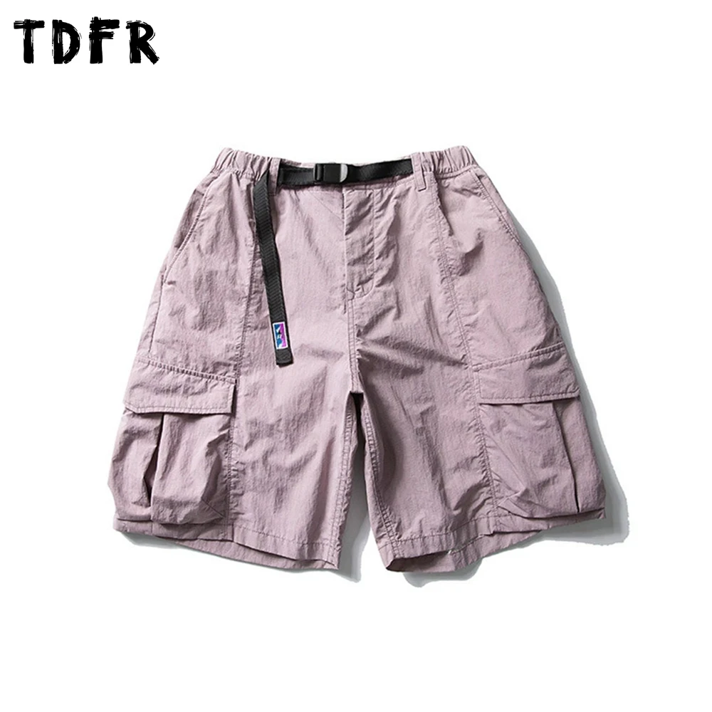 포켓 솔리드 카고 반바지 남성 여름 캐주얼 사파리 스타일 밴딩 허리 벨트 배기 와이드 레그 퀵 드라이 무릎 길이 반바지 남성용