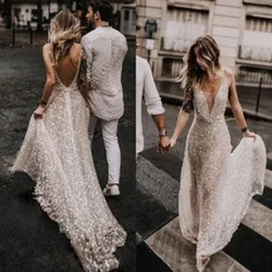 Glitter Backless Wedding Dress Deep V-neck Shiny Mariée Formal Bride Be атласное платье Vestido De Novia Sweep Train Customized