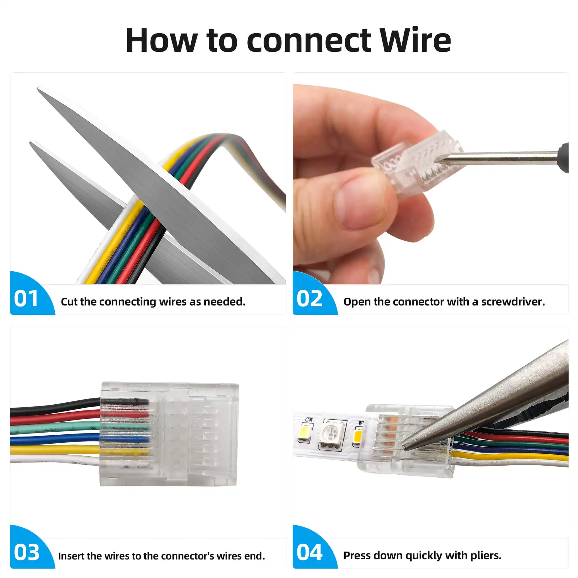 RGBCCT 6 Pin LED Strip Connectors with Extension Cable 6 Pack 12mm LED Strip RGBCW to Wire Solderless Transparent Track Lighting