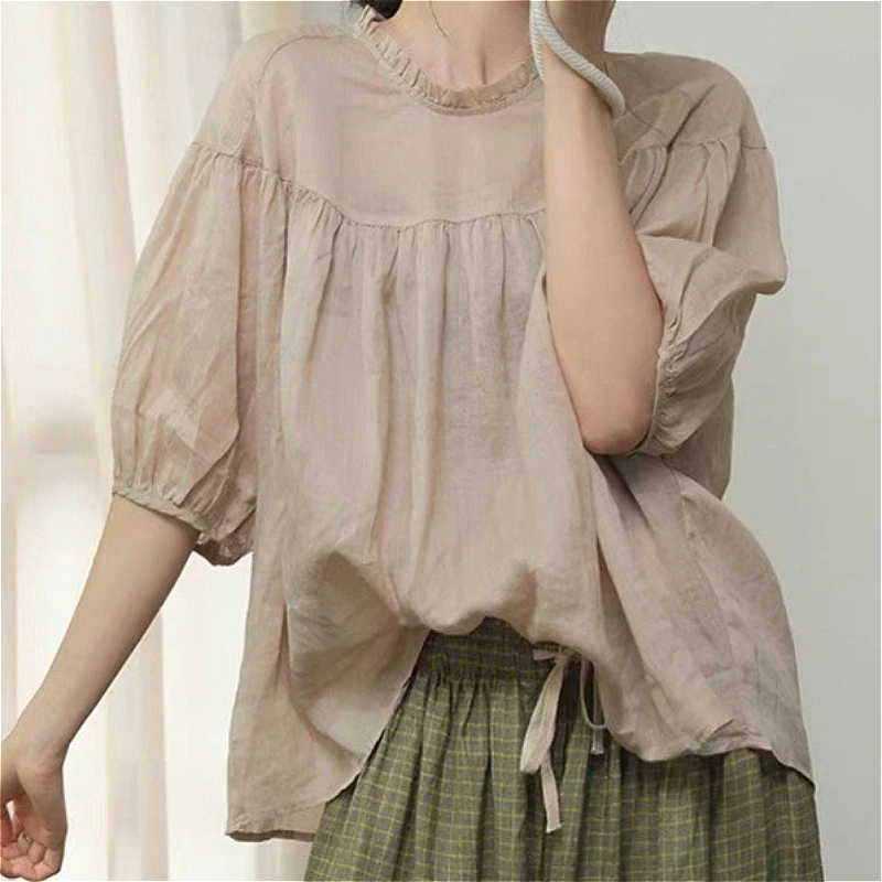 

Женские блузки и рубашки с круглым вырезом и коротким рукавом, однотонные, повседневные, свободного кроя, для работы, в стиле Y2K, уличная мода, элегантные, с декоративными вставками, весна 2026