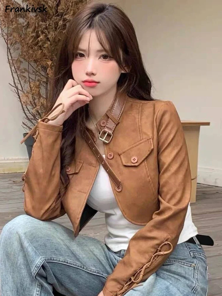 Cropped Jackets Women Maillard Moto Biker Retro American Style Spring Autumn Solid Criss-cross Fashion High Street Aesthetic