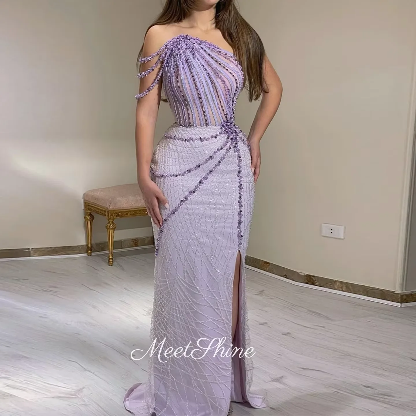 

Purple One Shoulder Side Slit Prom Dress Gitter Satin Beads Crystals Evening Dresses Customized Ball Gowns Wedding Party Dress