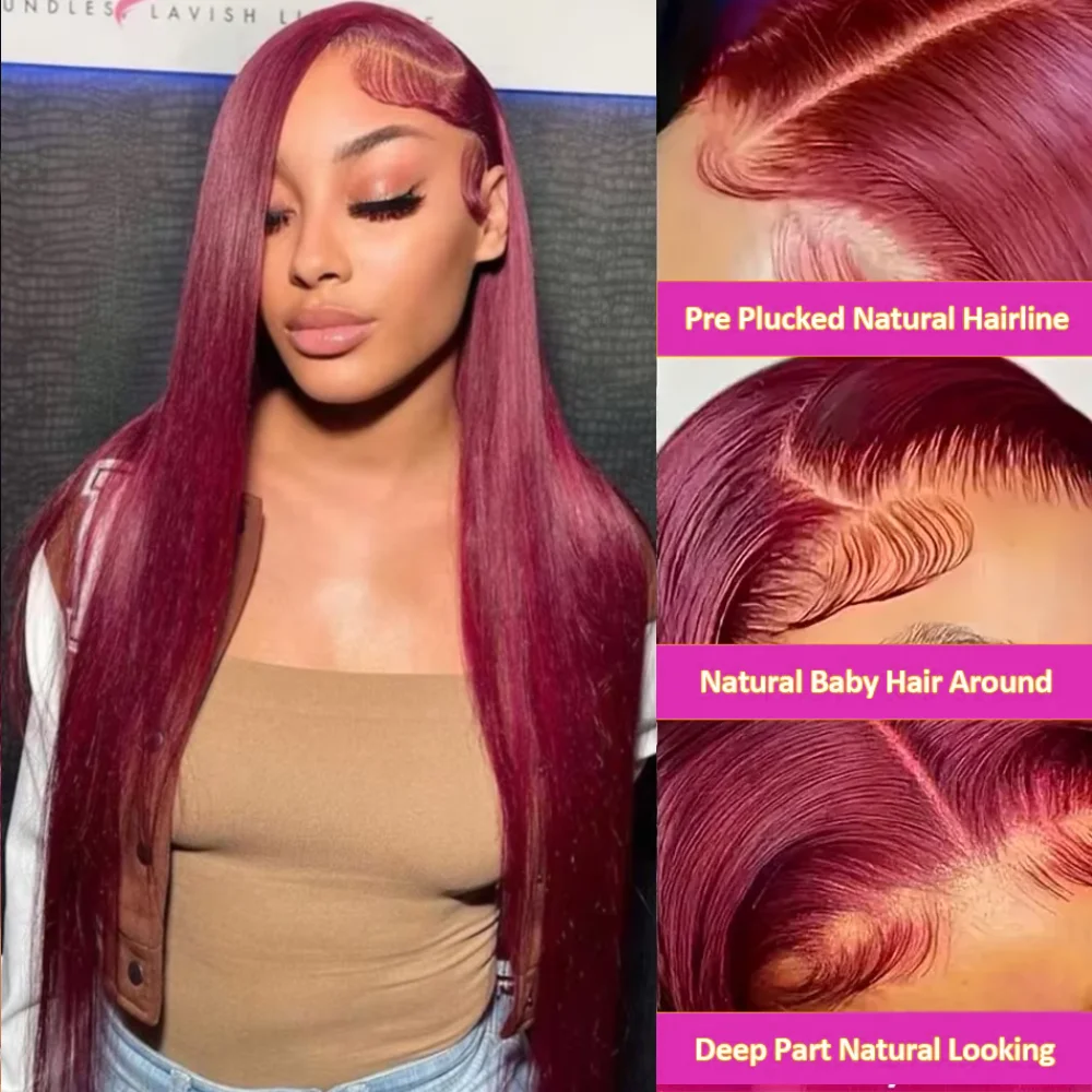 99J بورجوندي 32 44 بوصة مستقيم أحمر اللون شعر الإنسان 200% الكثافة خصلات الشعر المستعار الإنسان 13X4 13x6 HD الدانتيل الباروكات الأمامية للحزب #4