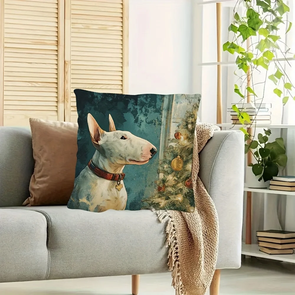 Double Sided Christmas Tree and Bull Terrier Dog Pattern Decorative Throw Pillow Case Festive Mischief Art Cushion Cover Home
