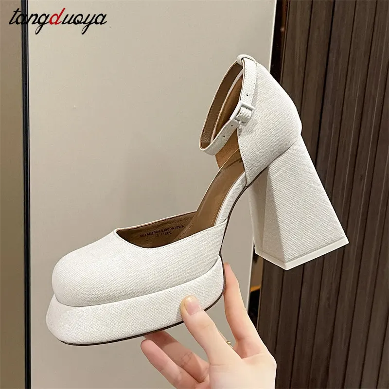 Shoes Pumps Size New Spring Summer Lady Chunky High Heels Round Toe Sexy Ankle Strap Dress Party Wedding Office Woman Pumps 2024