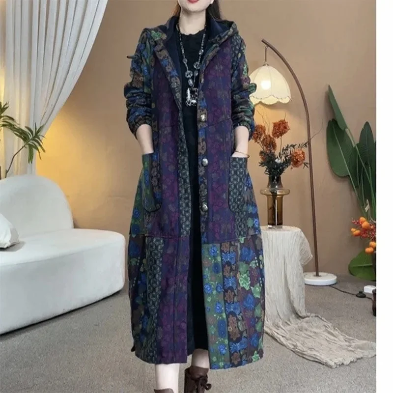 

Women's Trench Coat Autumn Winter Cotton Linen Hooded Loose Long Thick Plus Velvet Windbreaker 2026 New Warm Printed Outerwear