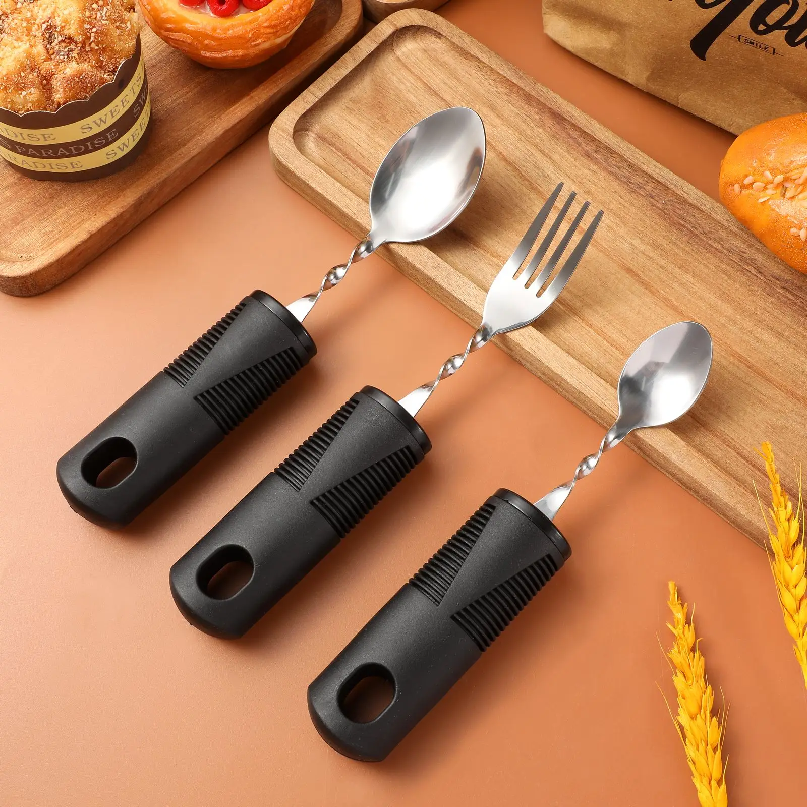 3Pcs Disabled Bendable Cutlery Portable Silverware Spoon Fork Rubber Handle Utensils Adults Elderly Adaptive Stainless Disabled