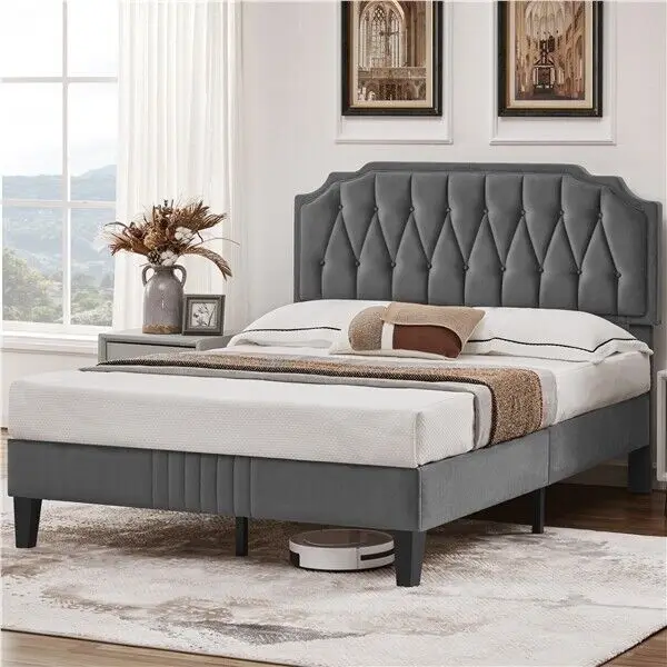 Upholstered Platform Bed Frame with Headboard Mattress Foundation Wooden Slats