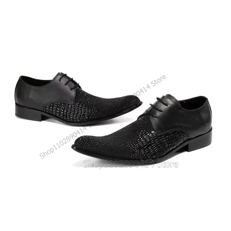 

Black Patchwork Alligator Print Pointed Toe Men Shoes Fashion Lace Up Male Shoes Luxury Handmade Party Banquet Men Dress Shoes