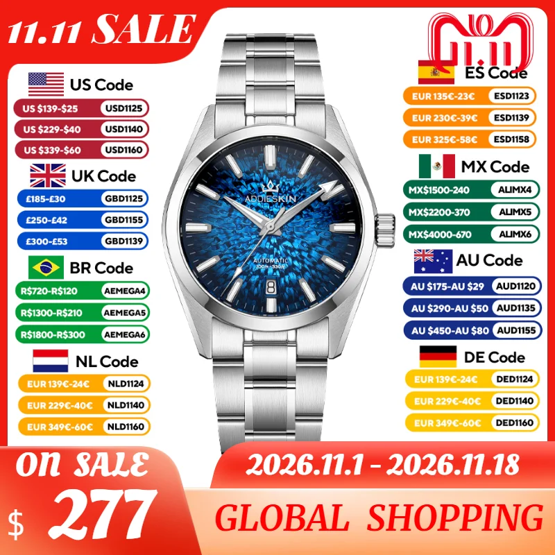 AddiesKin K003 Men's Luxury Automatic Mechanical Watch Miyota 9015 Gradient Ocean Textured Dial Sapphire Crystal BGW9 Luminous