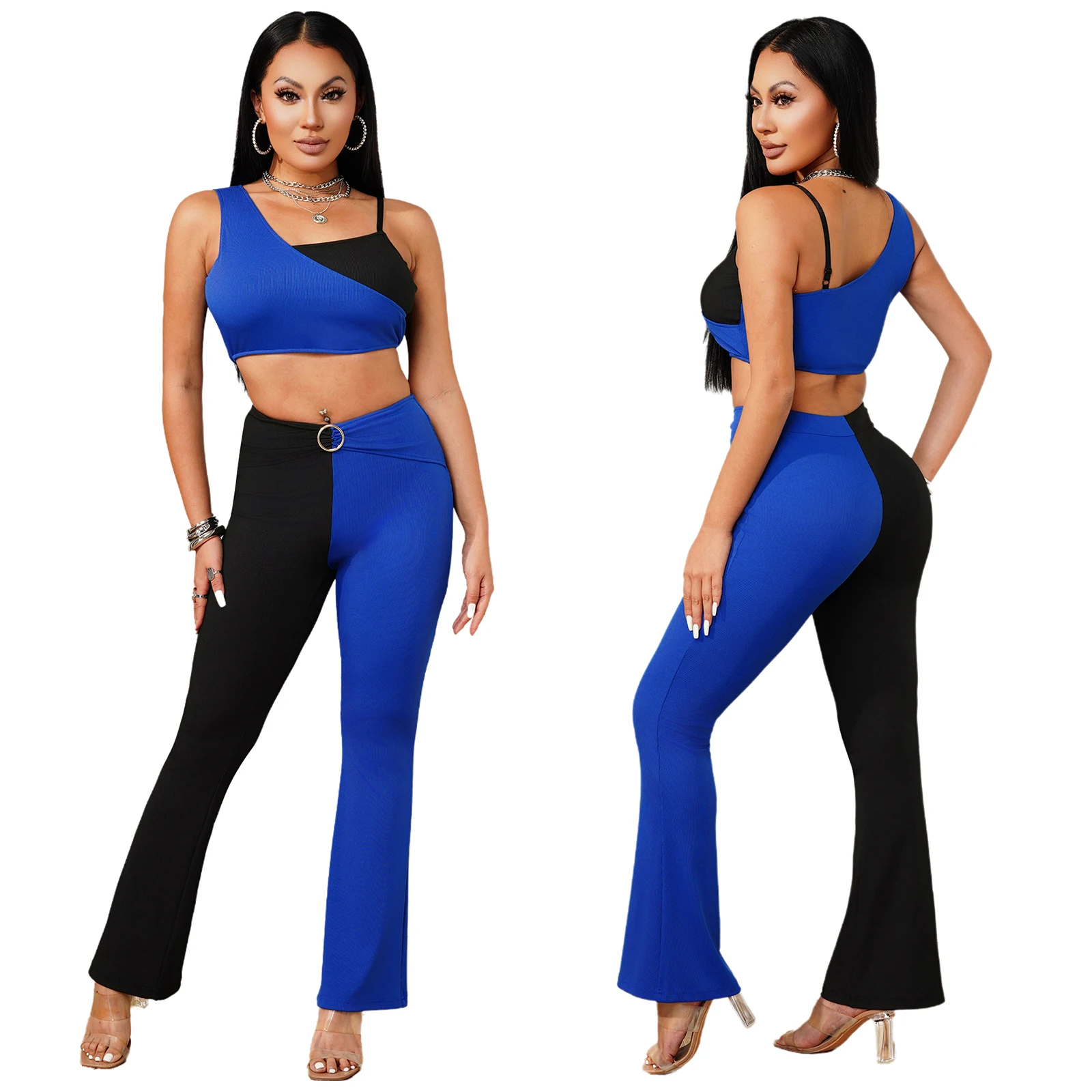 Women Two-piece Color-blocked Ribbed Outfit Asymmetrical Padded Crop Top with Ruched High Waist Flared Pants for Club Party Suit
