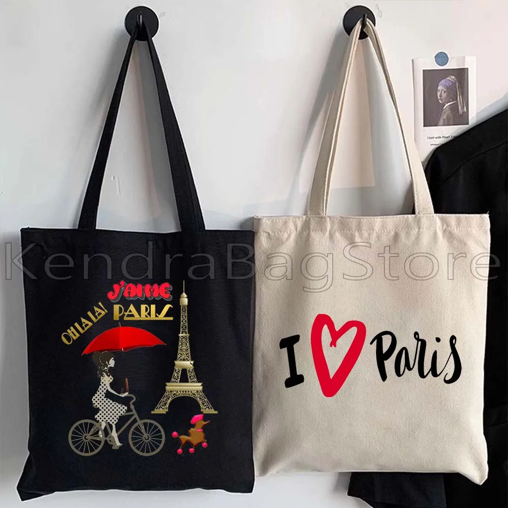 Love Paris France Map Flag Eiffel Tower City Landmarks Pug Life Oh La La French Food Gifts Canvas Totes Bag Shoulder Handbags