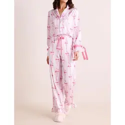 HEZIOWYUN Women's Valentine's Day 2Piece Bow/Heart Print Loungewear Pajamas Set Velvet Lace-up Lapel Shirt+Drawstring Long Pants