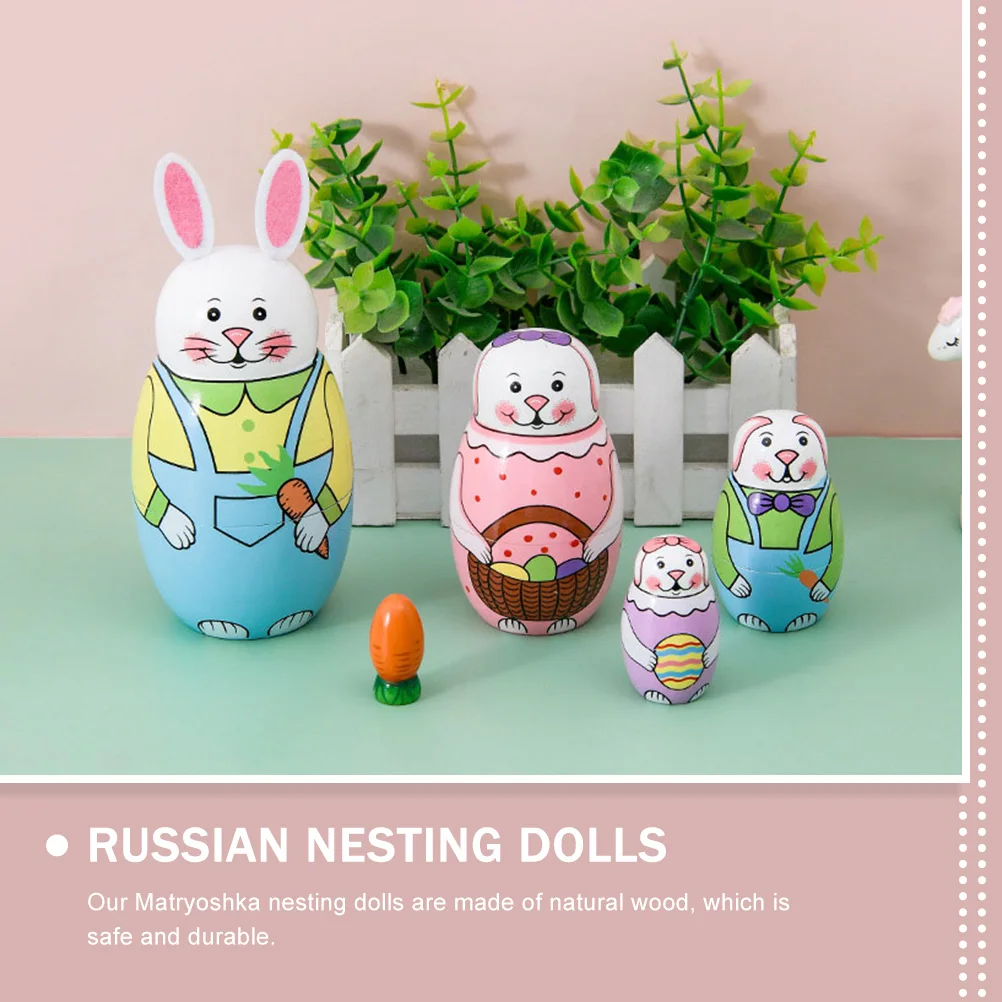 

1 set Painted Bunny Nesting Adorable Decorative Russian Stacking Toys Wooden Matryoshka Home Crafts Safe Surface