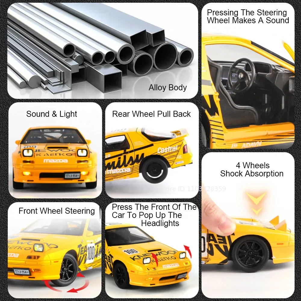 1:24 RX7-FC Model Toy Sports Cars Alloy Diecast Miniature RX7 Supercar Sound Light Doors Opened Pull Back Vehicle Toys Kid Gifts
