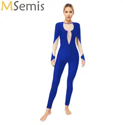 Womens Gymnastics Jumpsuits Sheer Mesh Figure Ice Skating Unitards Bodysuit for Ballroom Long Sleeve Ballet Dance Leotards