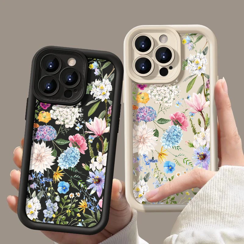 Hydrangea Flower Soft TPU Case For iPhone 16 15 14 Pro Max Plus 13 12 11 Pro Max XR X XS 7 8 SE Shockproof Silicone Phone Cover