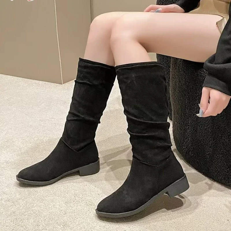 2024 Fashionable Women's Boots Spring and Autumn Round Toe Solid Color High Tube Round Toe Low Heel Large Size Boots Zapatos