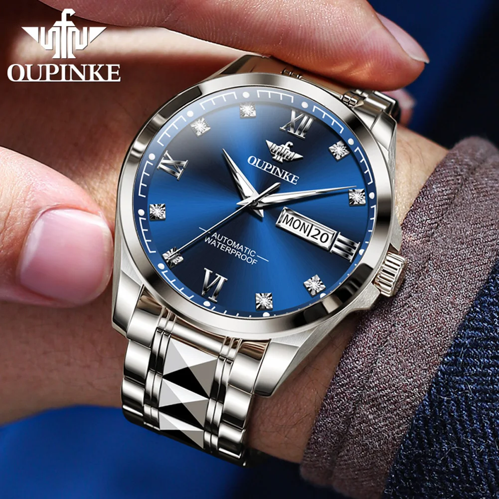 OUPNKE Business Blue Men\'s Watches Fully Automatic Mechanical Wristwatch for Men Date Week Waterproof Luminous Luxury Watch