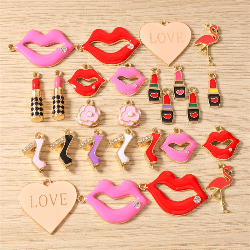 10 Stück Niedliche Gemischte Emaille-Anhänger mit Roten Lippen und Lippenstift-Herzen für Schmuckherstellung, Ohrringe, Halsketten, DIY-Bastelzubehör – Detail 1
