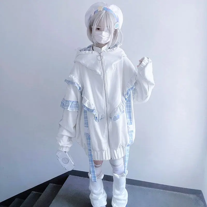 النمط الياباني ثقافة فرعية أبلى الدانتيل سحاب أكمام طويلة القط الكرتون نمط الحلو جيب فضفاض مخطط مقنعين Y2k لطيف الخريف