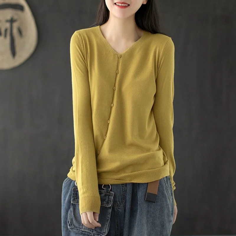 

Fashion Tops 2023 Women Sweater Autumn New Spliced Pullover Loose Casual Korean Long Sleeve Top Buttons T338