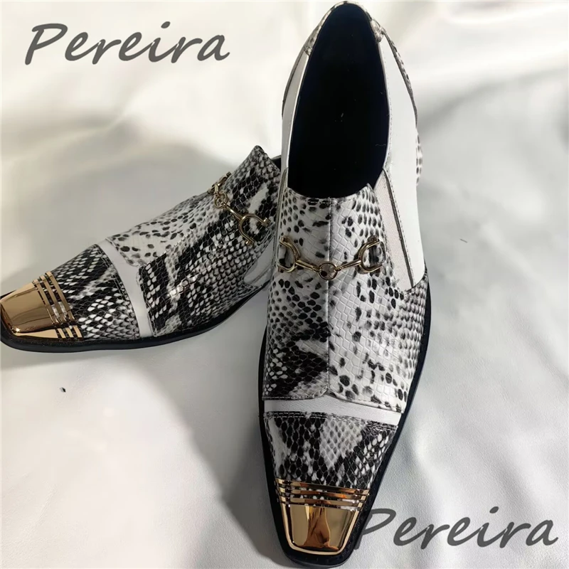 

Black and White Mixed Colors Snake Patterned Cowhide Loafers for Men Metal Buckle Square Toe Low Heel Casual Business Shoes