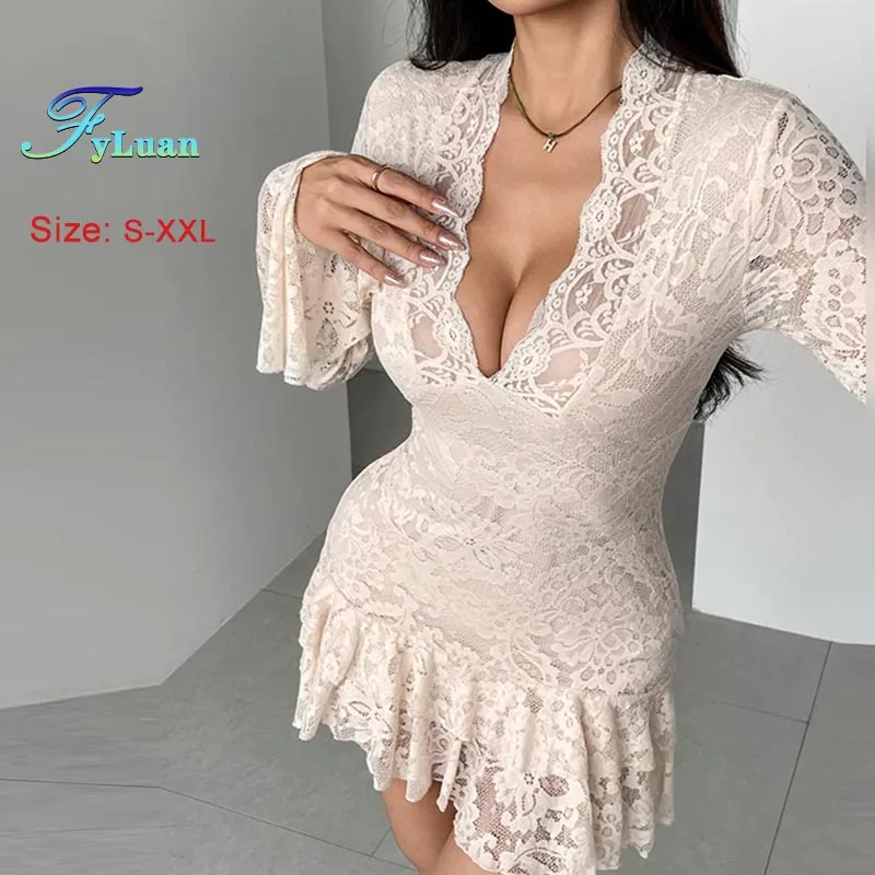 Neue Frauen Kleidung Sexy Spitze A-Line Kleid Tiefem V-ausschnitt Doppel Rüschen Kurzes Kleid Einfarbig Abnehmen Geburtstag Outfit Prom Kleider