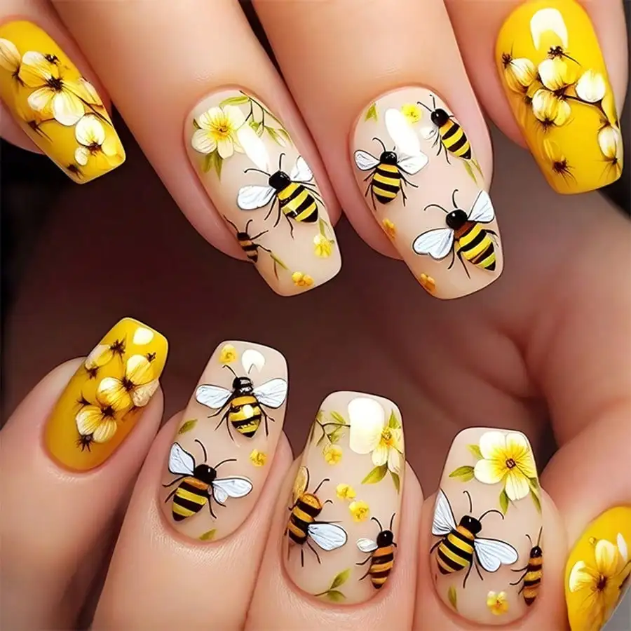 24 Pack Yellow Press on Nails Medium Square 3D Relief Design Spring Acrylic Nail Art Kit Full Cover Cute Flower False Nails for Women Manicure