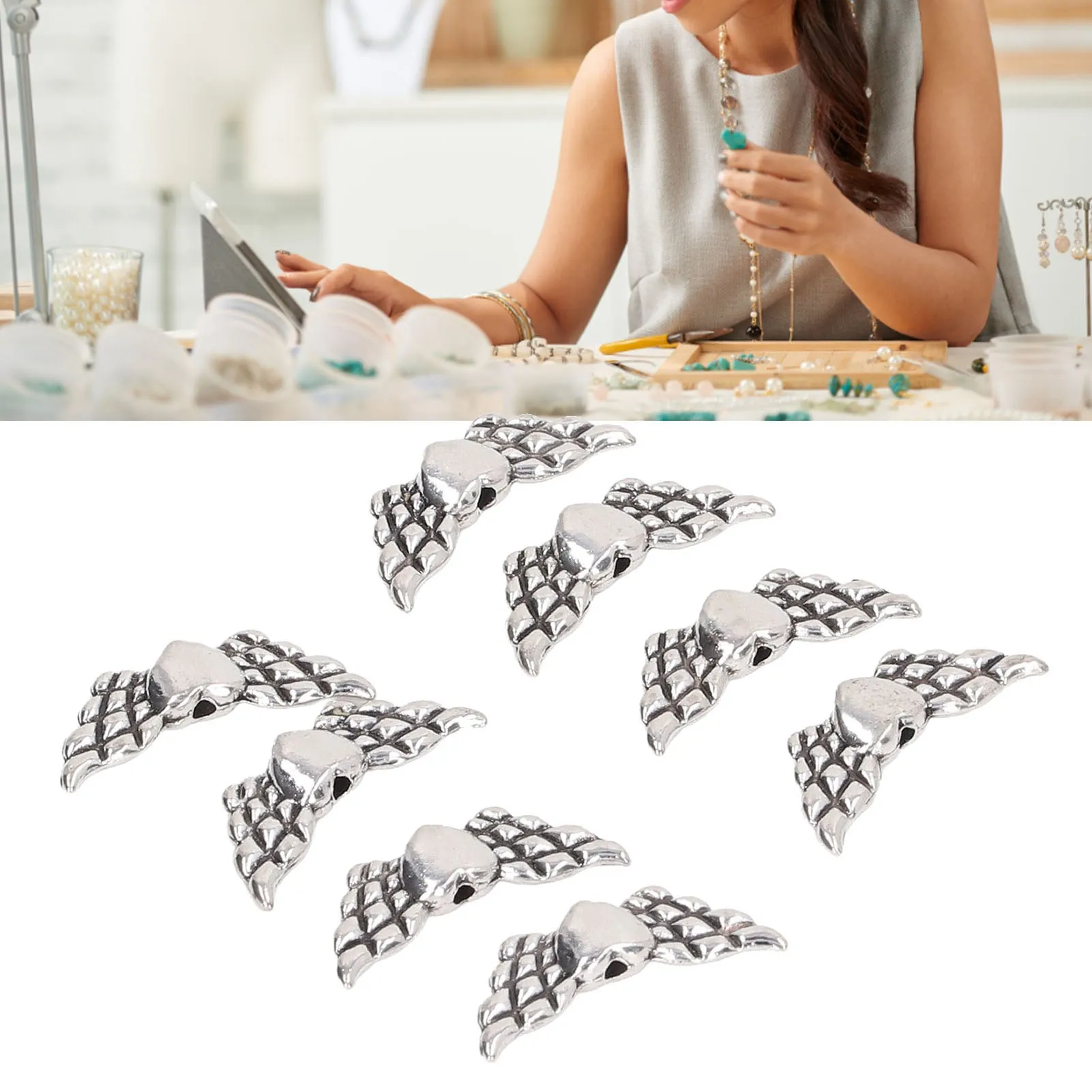 

50Pcs Wing Spacer Beads 0.9in Wide Zinc Alloy Heart Style Multi Purpose Angel Wing Beads for Craft Jewelry DIY
