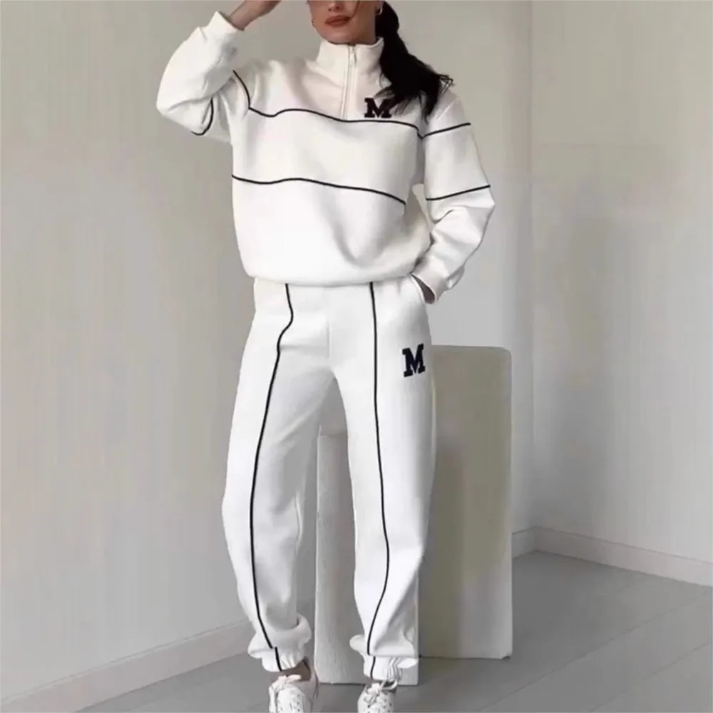 

Autumn Winter New Hoodie Letter Long Sleeved Pants Casual Sports Set Women Loose Zipper Striped Hoody Jacket Pants Two-piece Set