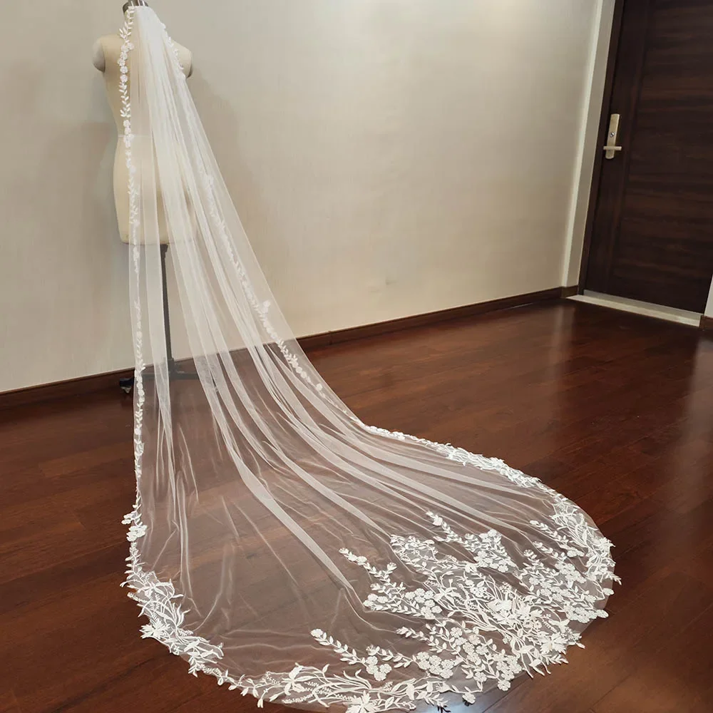 

Real Photos Lace Flower Wedding Veil 3 Meters Long Floral Bridal Veil with Comb Head Veil Wedding Accessories