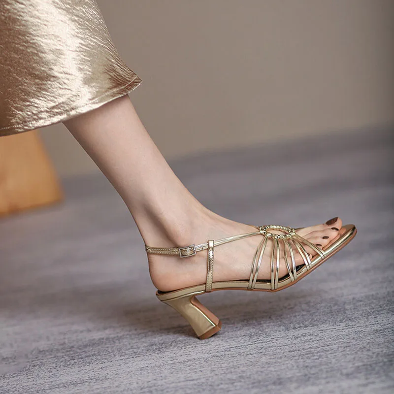 Phoentin rome sandals for women 2024 trend sexy narrow bands ladies shoes middle heels peep toe gold leather footwear FT3359