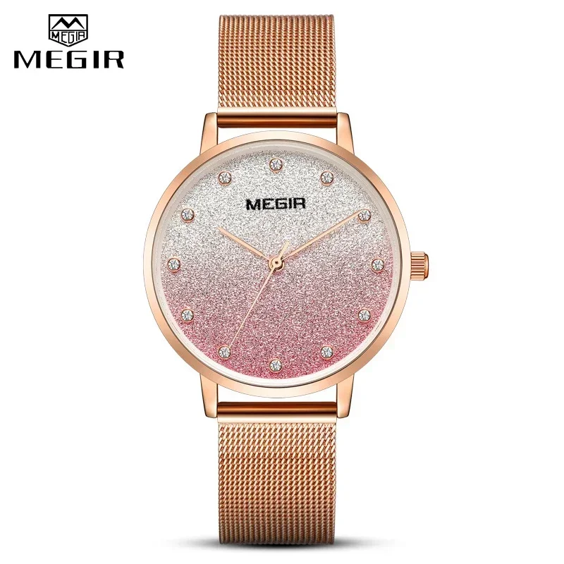 Relojes MEGIR de oro rosa para mujer, reloj de pulsera para mujer, reloj de pulsera de lujo con diamantes de imitación de marca superior, reloj de cuarzo de cristal para mujer