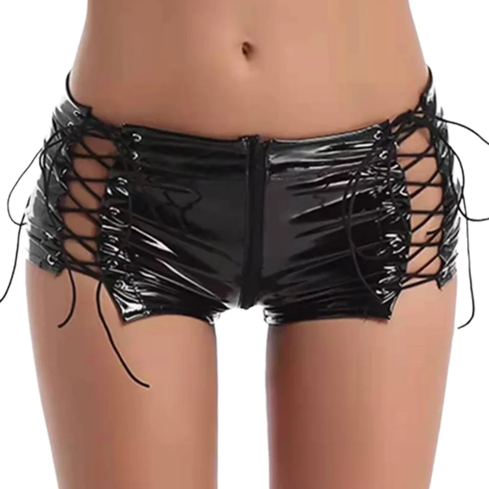 Frauen Mini Micro Gothic Pu Leder Shorts Bandage schwarz sexy Mode schlanke Reiß verschluss kurze Hosen Schnürung Hot pants Goth Casual Shorts