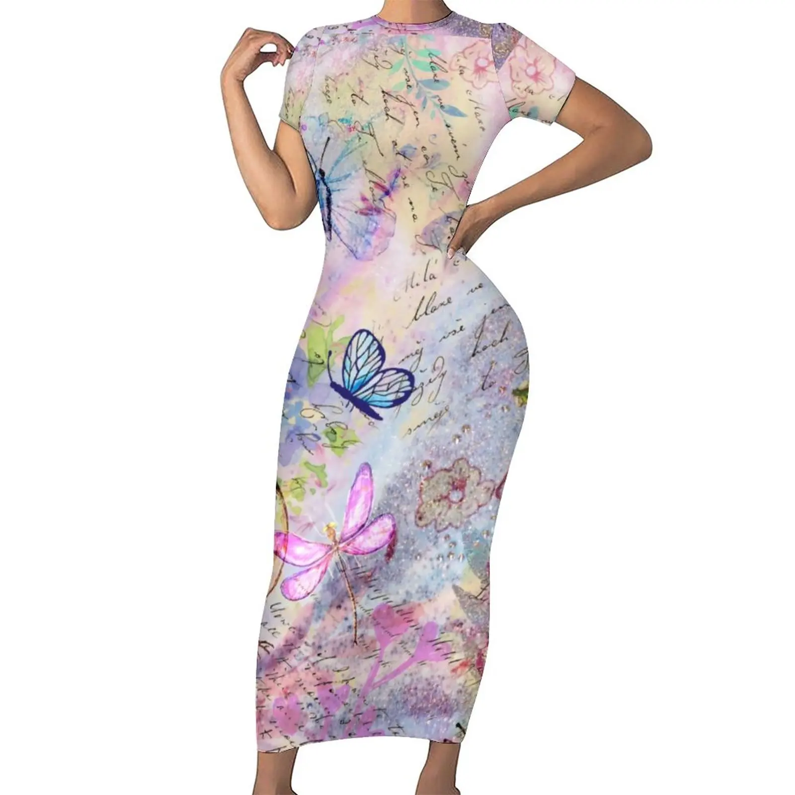 Vestido de mariposa Retro para mujer, ropa de calle con estampado Floral, rosa, pájaros, Bodycon, Maxi, Verano