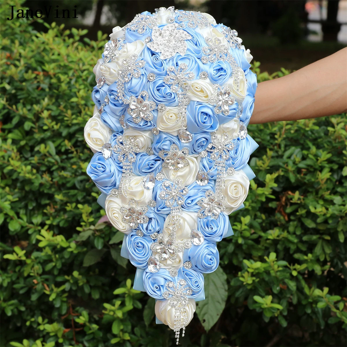 

JaneVini Light Blue Bride Flowers Waterfall Bridal Bouquets Luxury Silver Crystal Handmade Satin Roses Cascading Bouquet Wedding